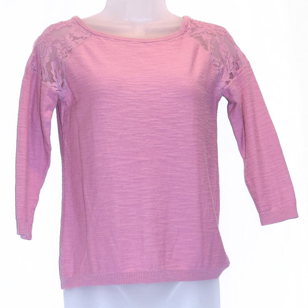 Ann Taylor LOFT Size XS Rose Pink Lace Slub Knit Cotton Bracelet Sleeve Top